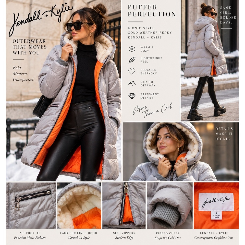 Kendall + Kylie Women Gray Hooded Puffer Coat Neon Orange Lining S NWT